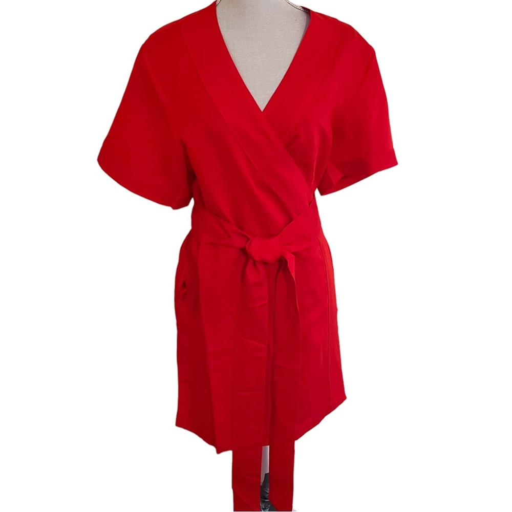 Emily McCarthy Fiery Red Linen Blend "Day Robe" True Wrap Dress M